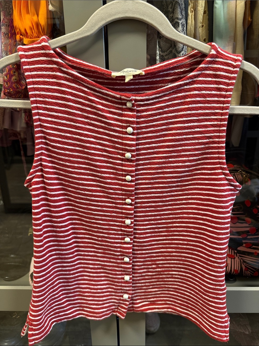 Sleeveless Red & White Striped Button-Back Knit Top